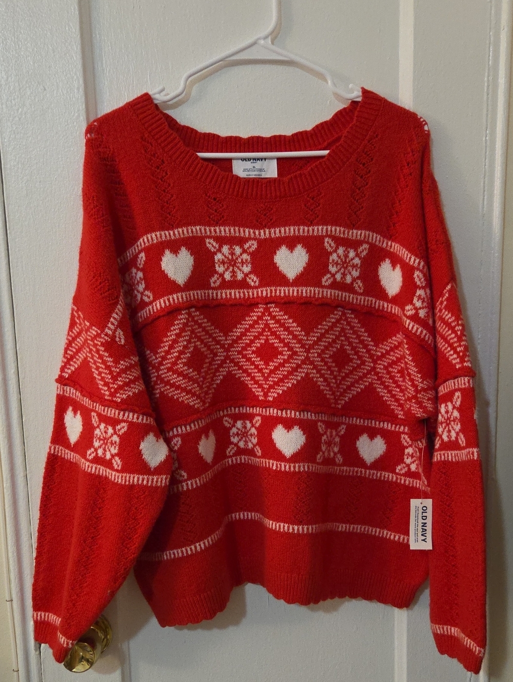 Old Navy Red and White Heart Fair Isle Crewneck Sweater, XL NWT